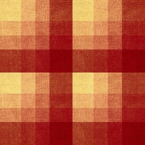 Cabin core rustic warm and joyful plaid with burlap texture rich russet reds, and yellows 12” repeat