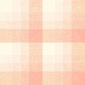 Cabin core rustic warm and joyful plaid with burlap texture gentle salmon, coral, cream and pale pink hues 12” repeat