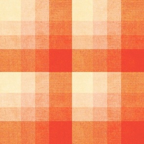 Cabin core rustic warm and joyful plaid with burlap texture gentle red, russet, coral, cream and pale pink hues 12” repeat