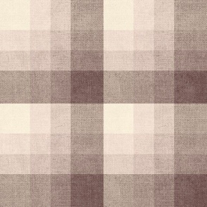 Cabin core rustic warm and joyful plaid with burlap texture gentle brown, cream and pale pink hues 12”  repeat