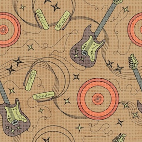 Design with vector musical instruments - guitar, headphones, vinyl record on a brown background