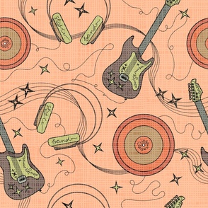 Electric guitars, retro records, headphones and other music on an orange background
