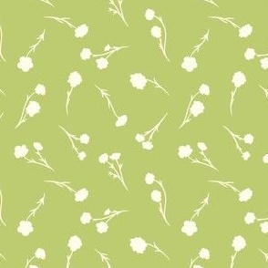 Small Buttercup Ditsy Floral Flowers in Artichoke Green & Cream White