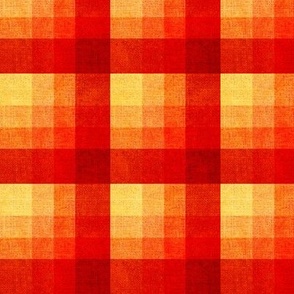 Cabin core rustic warm and joyful plaid with burlap texture deep russets, scarlet and yellow hues  6” repeat