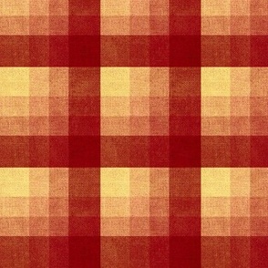 Cabin core rustic warm and joyful plaid with burlap texture rich russet reds, and yellows 6” repeat