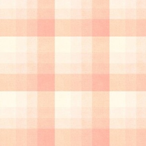 Cabin core rustic warm and joyful plaid with burlap texture gentle salmon, coral, cream and pale pink hues 6” repeat
