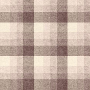 Cabin core rustic warm and joyful plaid with burlap texture gentle brown, cream and pale pink hues 6” repeat