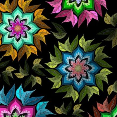 Abstract Floral with leaves on a black background