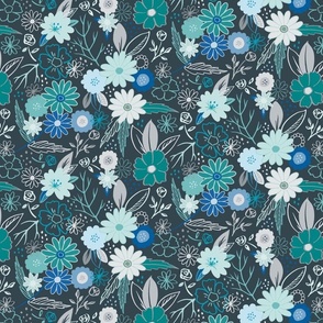 Mixed flowers in Pantone ultra steady blue green palette, smaller scale