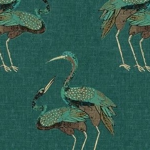 Deco Cranes, Scattered, Deep Emerald 
