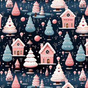 Pink Cute Gingerbread Christmas Holiday Houses Confectionaries Pastel Blue Dark Background