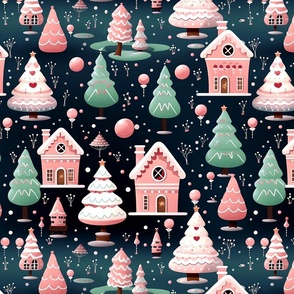 Pink Cute Gingerbread Christmas Holiday Houses Confectionaries Pastel Green Dark Background