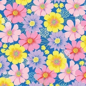 Medium-Scale scattered floral in pinks, lilacs, yellows, aqua blue, and dark blue.

