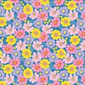 Small-Scale scattered floral in pinks, lilacs, yellows, aqua blue, and dark blue.
