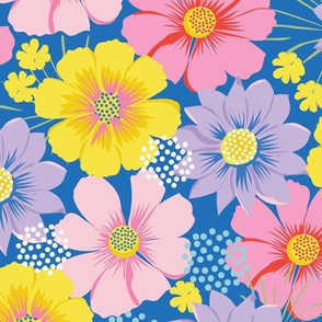 Extra Large-Scale scattered floral in pinks, lilacs, yellows, aqua blue, and dark blue.
