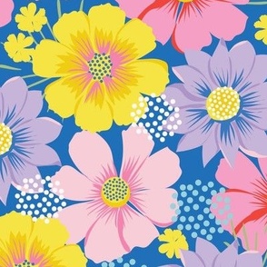 Large-Scale scattered floral in pinks, lilacs, yellows, aqua blue, and dark blue.
