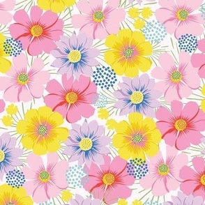 Medium-Scale scattered floral in pinks, lilacs, yellows, aqua blue, and royal blue.