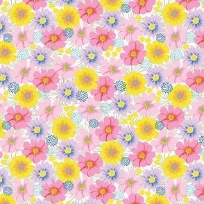 Small-Scale scattered floral in pinks, lilacs, yellows, aqua blue, and royal blue.