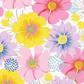 Extra Large-Scale scattered floral in pinks, lilacs, yellows, aqua blue, and royal blue.