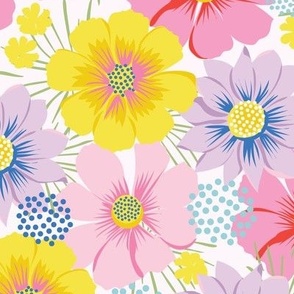 Large-Scale scattered floral in pinks, lilacs, yellows, aqua blue, and royal blue.