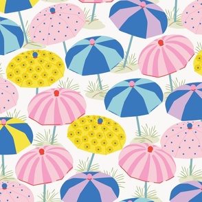 Large-scaled beach umbrella design in playful polka dots, stripes, and florals and colors of pink, lilac, yellow, red, and blues.
