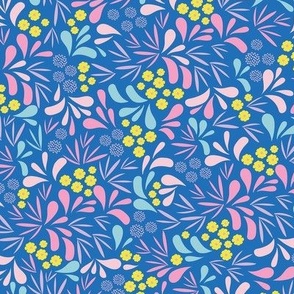 Small-scale whimsical and playful pattern in colors of bright yellow, pink, aqua blue and royal blue.  
