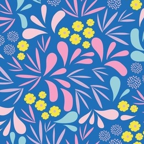 Medium-scale whimsical and playful pattern in colors of bright yellow, pink, and aqua blue on a dark royal blue background