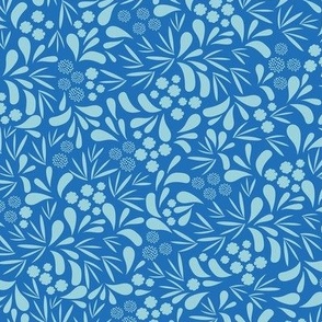 Small-Scaled, whimsical and playful pattern in colors of aqua blue and royal blue.  