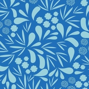 Medium-Scaled, whimsical and playful pattern in colors of aqua blue and royal blue.