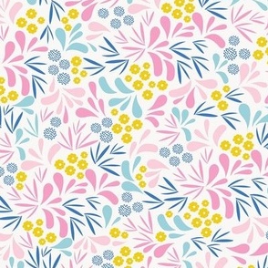 Small scaled, whimsical and playful pattern in colors of bright yellow, pink, aqua blue and royal blue.  
