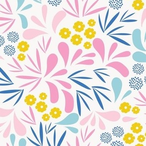 Medium scaled, whimsical and playful pattern in colors of bright yellow, pink, aqua blue and royal blue.  
