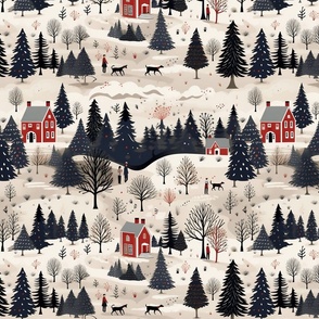 Americana Woods Forest Snow Winter Wonderland Houses Forest People Dogs Vintage Christmas Holiday Red Blue