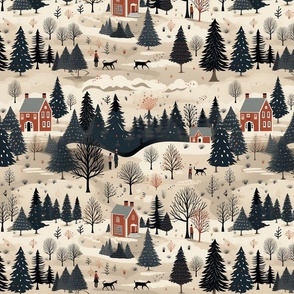 Americana Woods Forest Snow Winter Wonderland Houses Forest People Dogs Vintage Christmas Holiday Rust Orange Green