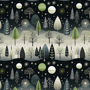 Modern Holiday Green Gray Black White Christmas Trees Stars Ornaments