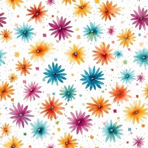 Tiny Whimsical Multi-colored Watercolor Daisies: Blue, Purple, Magenta, Yellow, and Orange.