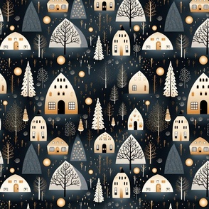 Modern Holiday Gold Black White Christmas Village Houses Trees Stars Ornaments