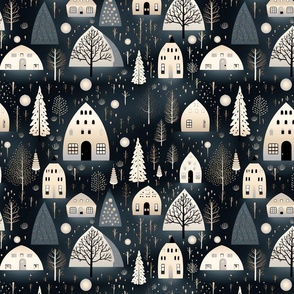 Modern Holiday Monochromatic Gray Black White Christmas Village Houses Trees Stars Ornaments