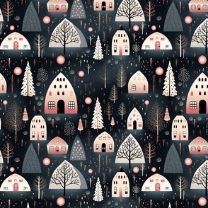 Modern Holiday Pink Black Gray Christmas Village Houses Trees Stars Ornaments
