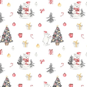 Cute Watercolor Polar Bear Pattern with Christmas Tree, White, Medium Scale