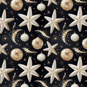 Beach House Starfish Shell White Gold Black Nautical Christmas Holiday Ornaments