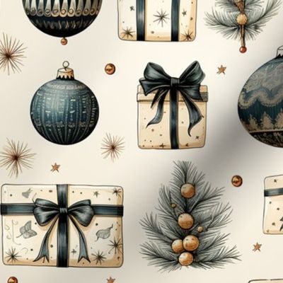 Black _ White Christmas Presents Tree Holiday Wrapped Gifts Gold Ivory Country