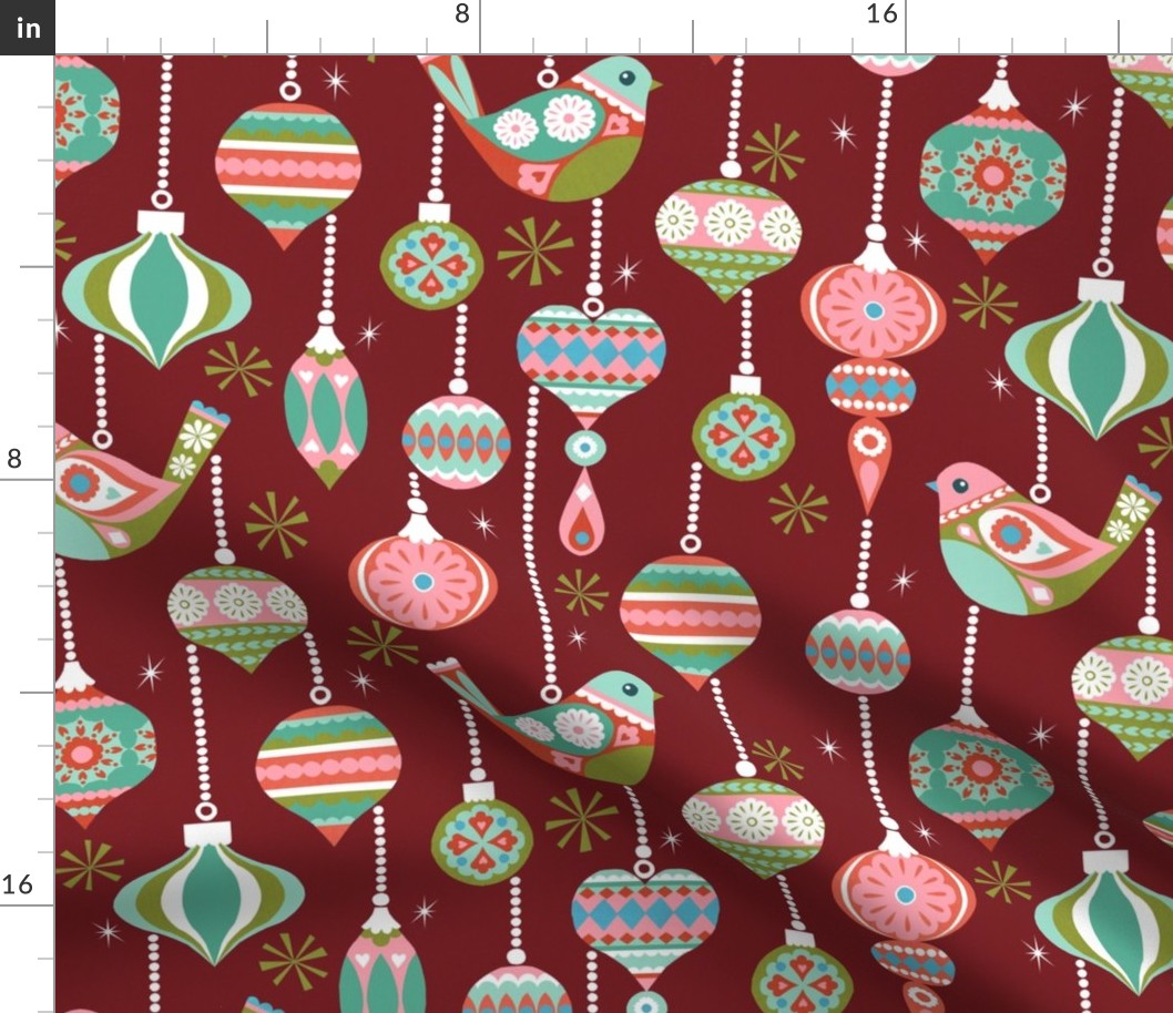 Birds and Baubles - Crimson - Large scale