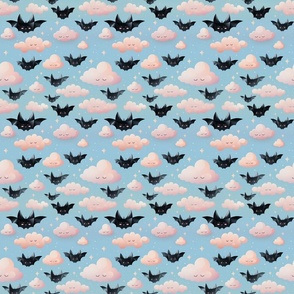 Cute Little Bats Flying in the Clouds Blue Sky Halloween Kids Fabric