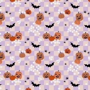 Halloween floral daisies and jack'o lantern pumpkins bats and spiders on checker gingham kids kawaii lilac beige orange  SMALL