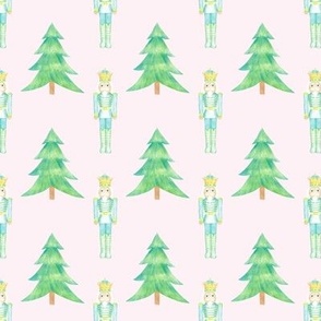 Green Nutcracker and Christmas trees on pink background