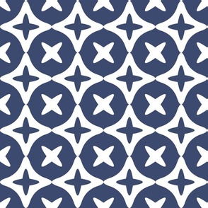 Navy Blue and White Four Pointed Stars Geometrical Print 