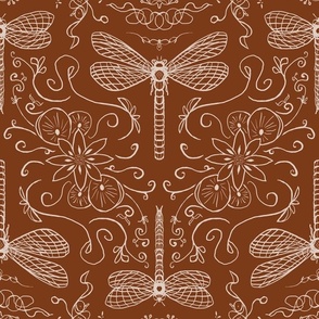 dragonfly doodle lineart  geometrical folk - rust brown orange - medium
