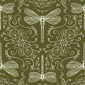 dragonfly doodle lineart geometrical folk moody artichoke green - medium
