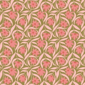 pink flowers and stems on a green background