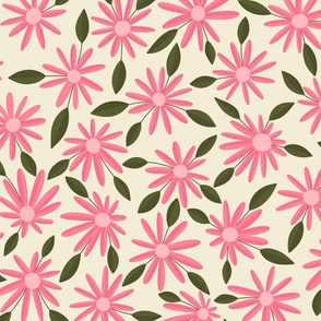 Pink Flowers with Leafy Stems on a Light Background